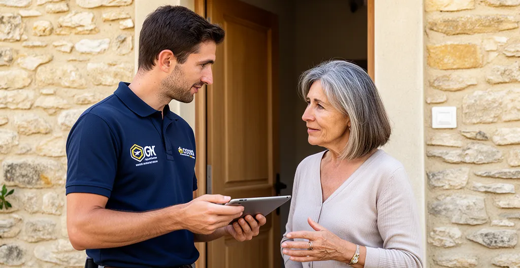 Technicien hygiéniste présentant un devis à une propriétaire devant une maison provençale