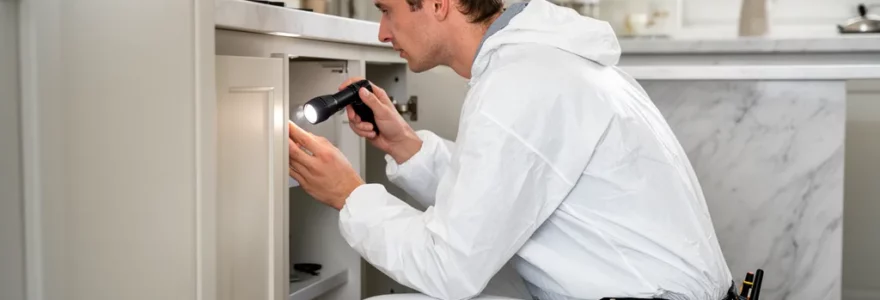 Technicien hygiéniste certifié inspectant un espace sous évier lors d'un diagnostic anti-nuisibles